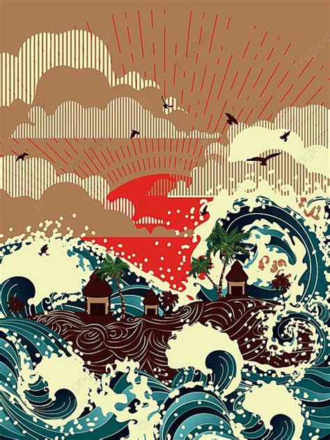 Vintage Style Poster With Big Waves And Tropical Island With Houses And ...