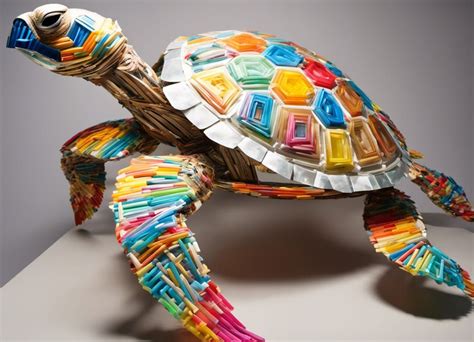 Beautiful giant sea turtle made of single use plastics straws utensils ...