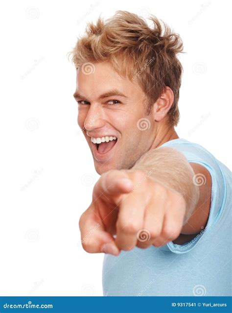 Handsome Man Pointing Finger Over White Stock Image - Image of blue, joyful: 9317541