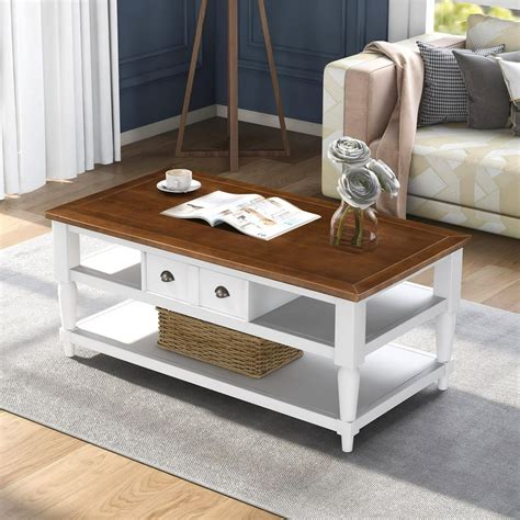 Coffee Table Modern White Side Table with 1 Drawer 1 Shelf and Metal Knobs End Table for Living ...