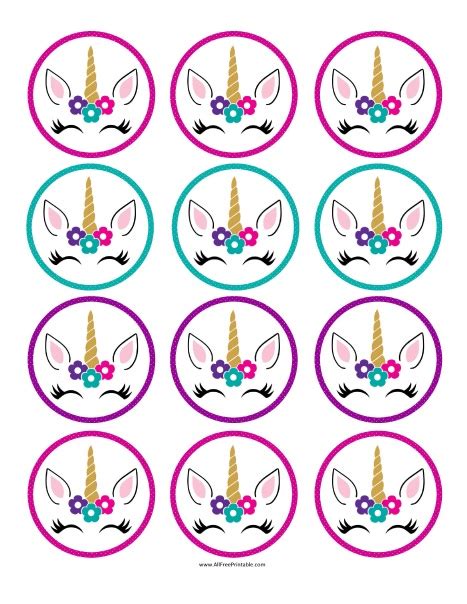 unicorn face stickers with pink and blue flowers in the center, on a white background