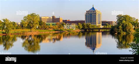 Reflection of downtown Wausau, Wisconsin in the Wisconsin River in Late summer Stock Photo - Alamy