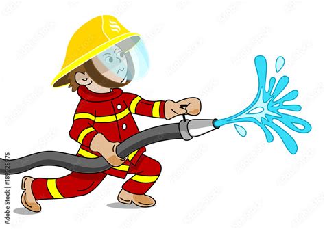 A small fireman holding a fire hose from which water flows - cartoon vector graphic Stock Vector ...