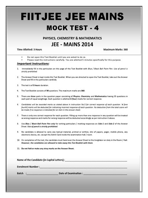 JEE MAINS MOCK TEST - 4.docx | Personal Growth