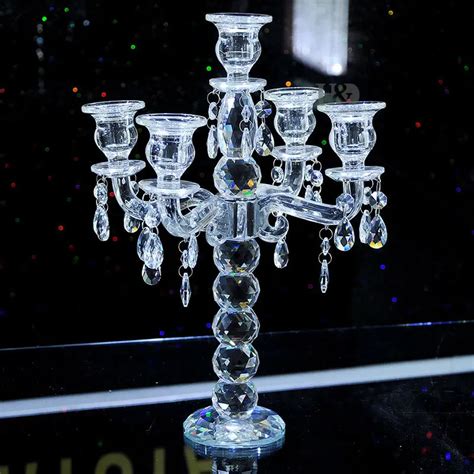 2016 K9 Crystal 5 Arm Crystal Candle Holders centerpieces w/ Prisms Tall Candelabra For Wedding ...