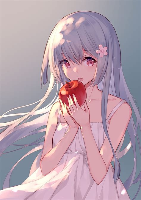 HD wallpaper: anime, anime girls, apples, fruit, simple background, white hair | Wallpaper Flare