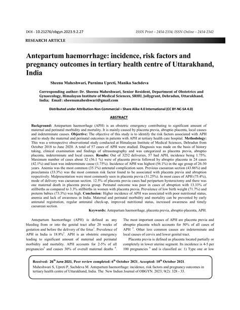 (PDF) Antepartum haemorrhage: incidence, risk factors and pregnancy outcomes in tertiary health ...