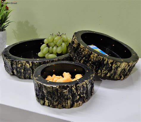 Buy Wooden Fruit Bowl Set of 3 (Golden and Black) Online in India at ...