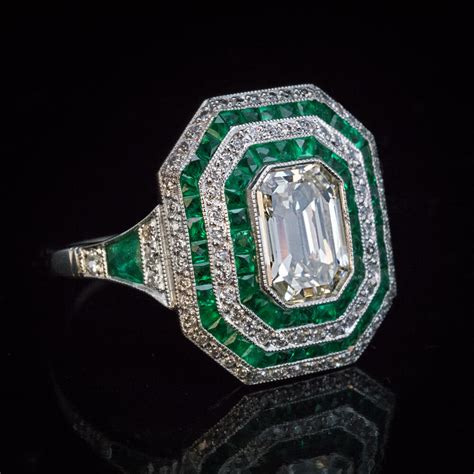 Art Deco Diamond Emerald Platinum Engagement Ring Ref: 884695 - Antique ...