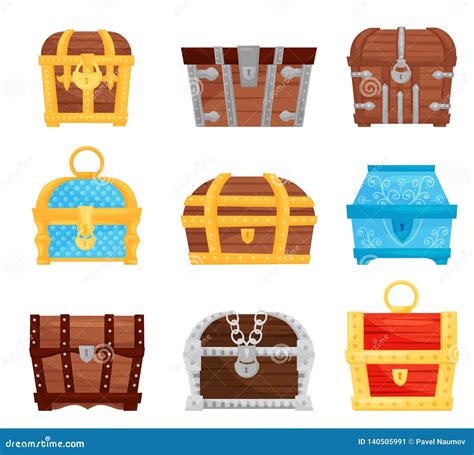 Flat Vector Set of Different Treasure Chests. Wooden and Metal Storage ...