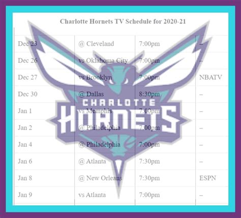 Printable Charlotte Hornets schedule (and TV schedule) for 2020-21 ...