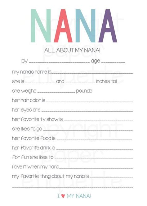 All About My Nana Printable, Mother's Day Gift , Nana Valentine, Mother's Day Gift, Mom Gift ...