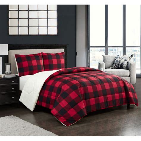 Mainstays Plaid Polyester/Flannel/Sherpa Bed Blankets, Full/Queen, Red, 3-Pieces - Walmart.com ...