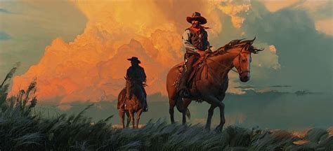 HD wallpaper: Jama Jurabaev, painting, men, cowboys, cowboy hats, horse, scarf | Wallpaper Flare