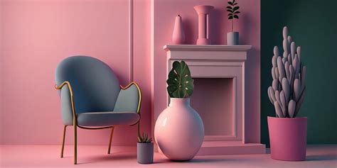 Premium AI Image | Pastel pink colored interior design with chair floor vases with plants and ...