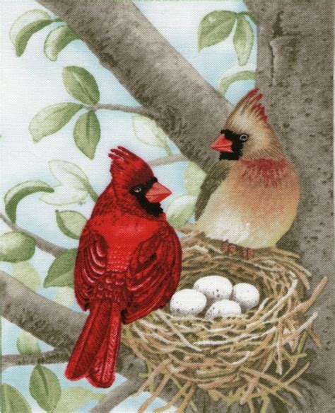 Cardinal birds nest Fabric Panel Block Quilting Appliqué