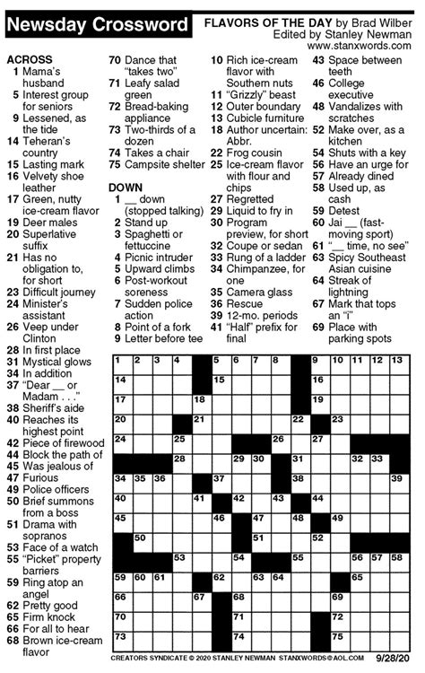 Newsday Crossword Puzzle for Sep 28, 2020, by Stanley Newman | Creators ...