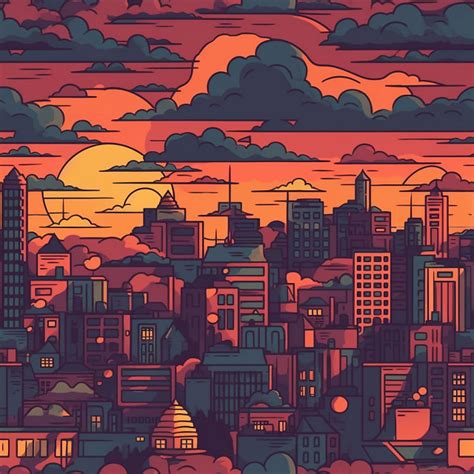 Cartoon City Skyline Sunset - Etsy