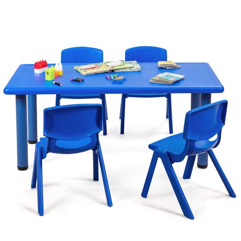Topbuy Kids Table & 4 Chairs Set Activity Desk & Chair Set Indoor/Outdoor Home Classroom Blue ...