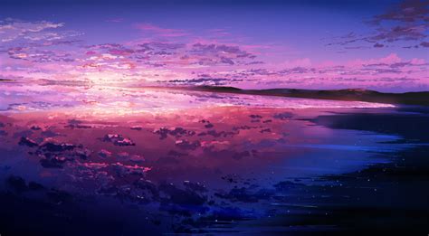 Anime, Sunset, Original, Purple, Sky, Ocean, Reflection, 1080P HD Wallpaper