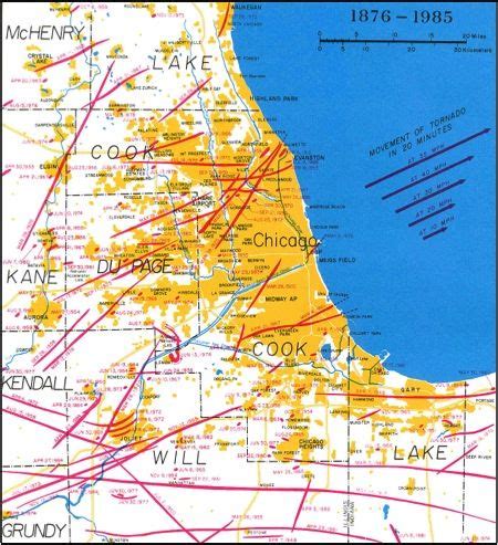 The paths of all the tornadoes that have hit the Chicago area between 1876 and 1985. The yellow ...