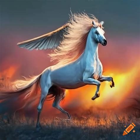 Image of a pegasus galloping through a blazing landscape on Craiyon