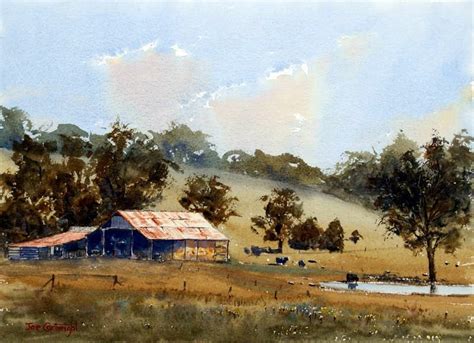 Old farm sheds near pond watercolor painting.Joe Cartwright ...