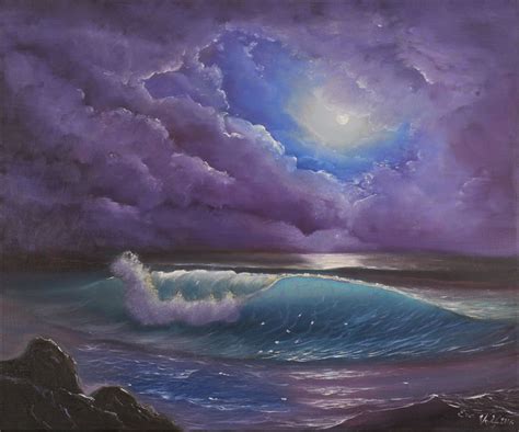 The Color of the Night, Ocean Wave Painting, Seascape Oil Painting on Canvas, Night Ocean Art ...