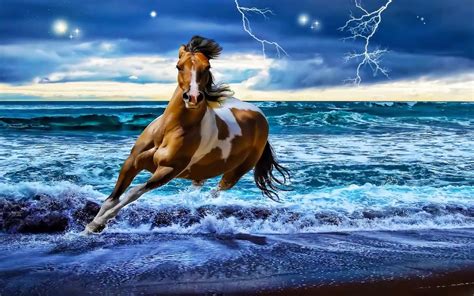 Caballo fantástico entre las olas del mar bajo un cielo estrellado | wallpaper hd of nature