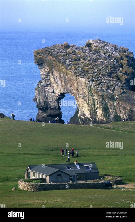 Farmhouse and tourists, Foula Island, Shetland Islands, Scotland Stock ...