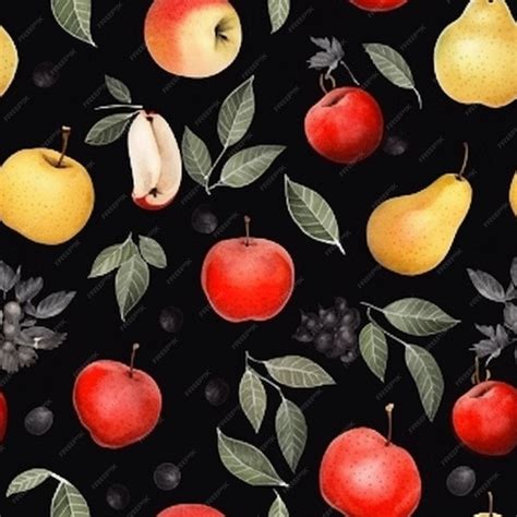 Premium AI Image | A black background with fruits and leaves on it