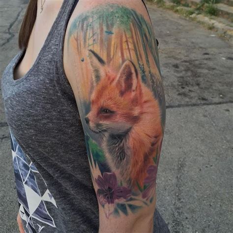 Cute little fox tattoo on half sleeve by Francisco Sanchez