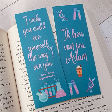 A bookmark for fans of The Love Hypothesis with design featuring a quote from Adam on one side ...