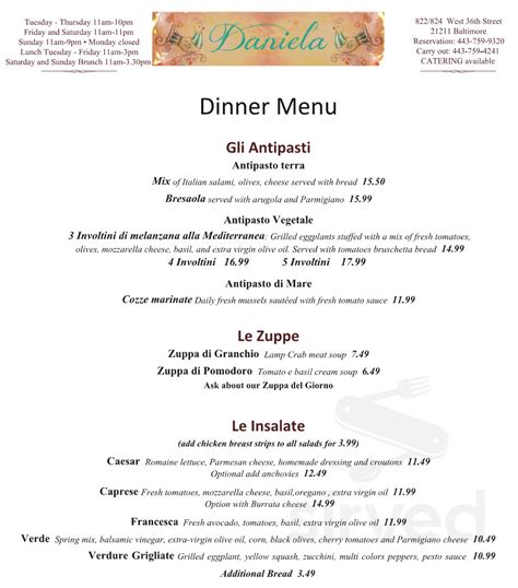 Daniela Restaurant menu in Baltimore, Maryland, USA