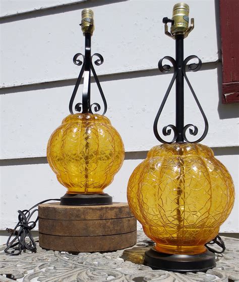 Vintage 1960s-1970s Gold Crackle Glass Lamp Set w/Curly Black Wrought ...