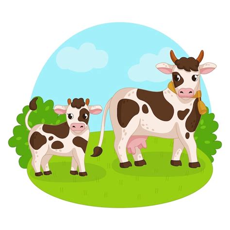 Premium Vector | Cow and calf on the background of nature