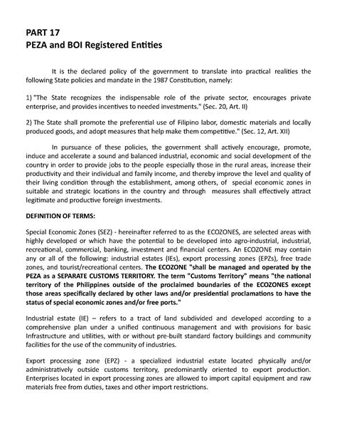 17 PEZA BOI Registered Entities - PART 17 PEZA and BOI Registered Entities It is the declared ...