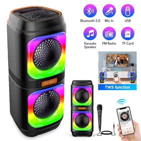 BLUETOOTH SPEAKER DUAL Speakers Stereo Subwoofer FM RGB Lights Karaoke ...