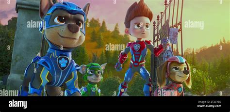 PAW PATROL: THE MIGHTY MOVIE, from left: Chase (voice: Christian Convery), Rocky (voice: Callum ...