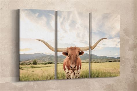 3 panel Texas longhorn steer soft tones canvas leather print/Large Wall ...