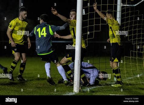 Taffs Well v Penybont in Welsh Football League Division One at the Rhiw'r Ddar Stadium Stock ...