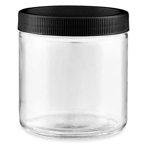 Clear Straight-Sided Glass Jars - 16 oz, Black Plastic Cap S-17984P-BL ...