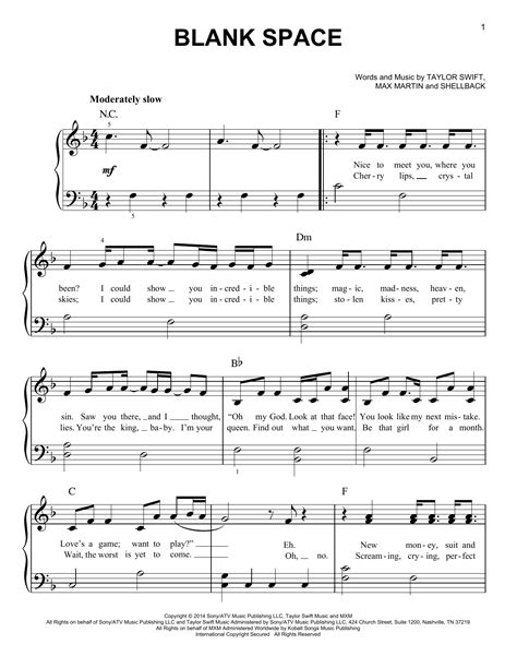 Blank Space by Taylor Swift Sheet Music for Easy Piano at Sheet Music ...