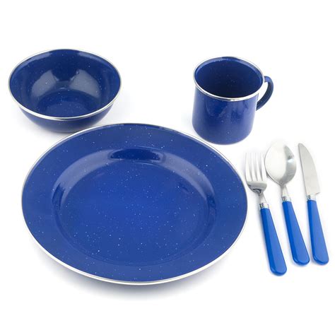 Stansport Enamel Camping 24 pc Dinner Set Plates Mugs Cutlery Bowls NEW ...