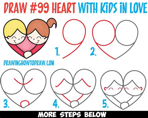 How to Draw Cartoon Kids Hugging to Form a Heart from #99 Shape Easy Step by Step Drawing ...