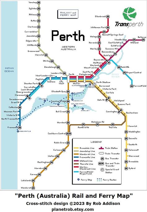 PERTH AUSTRALIA Rail and Ferry Map Cross-stitch Pattern PDF Download ...