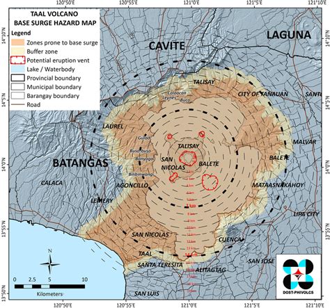 Taal Volcano Base Surge Hazard Map with kilometer radius (broken lines)... | Download Scientific ...