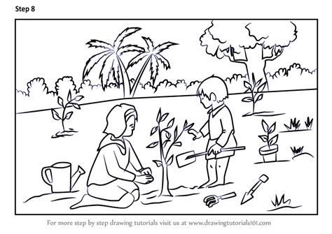 How to Draw Tree Planting Scene (Scenes) Step by Step | DrawingTutorials101.com