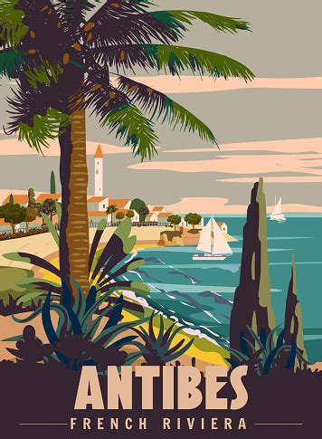 French Riviera Antibes Retro Poster Tropical Coast Scenic View Palm Mediterranean Marine Sea ...
