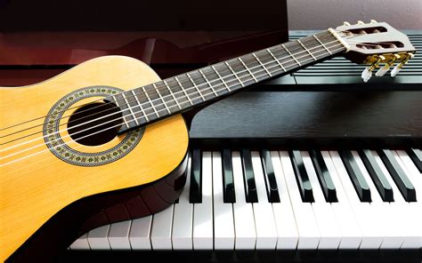 Download wallpapers 4k, piano, guitar, musical instruments, close-up ...